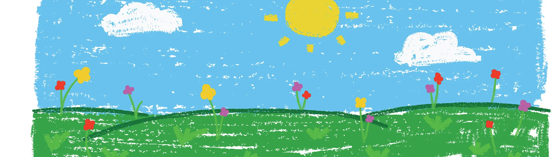 Childs drawing of a sunny day, with a sun in the sky, few clouds, and flowers growing out of green grass.