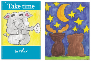 Dos tarjetas que representan a un elefante a la hora de la siesta y a un ratón y un oso sentados bajo las estrellas.