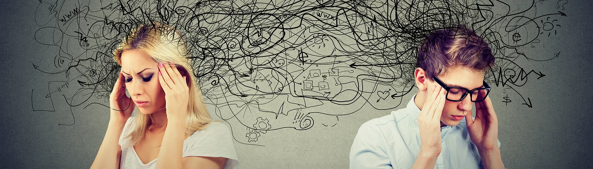 Woman and man holding hands to their head feeling stress or anxiety with distressing lines drawn between them.