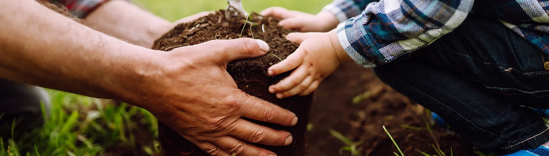 Man and a child's hands working the earth to plant something together.