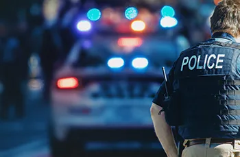 Agente de policía de pie en primer plano con un coche de policía con las sirenas encendidas al fondo.