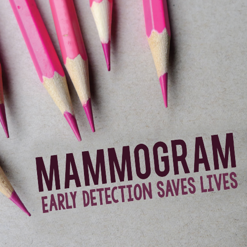 Breast cancer awareness banner saying mammogram early detection saves lives.