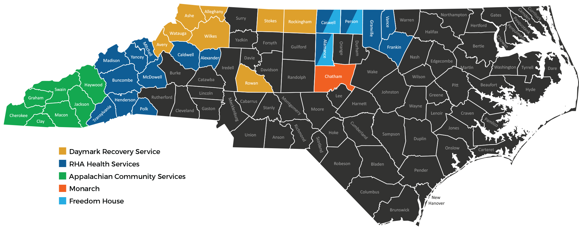 Mobile crisis map color coded for each of the five partners by the counties they serve.