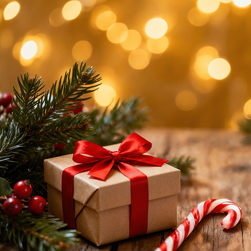 Holiday present with a candy cane next to it for Vaya's Microenterprise promotions.